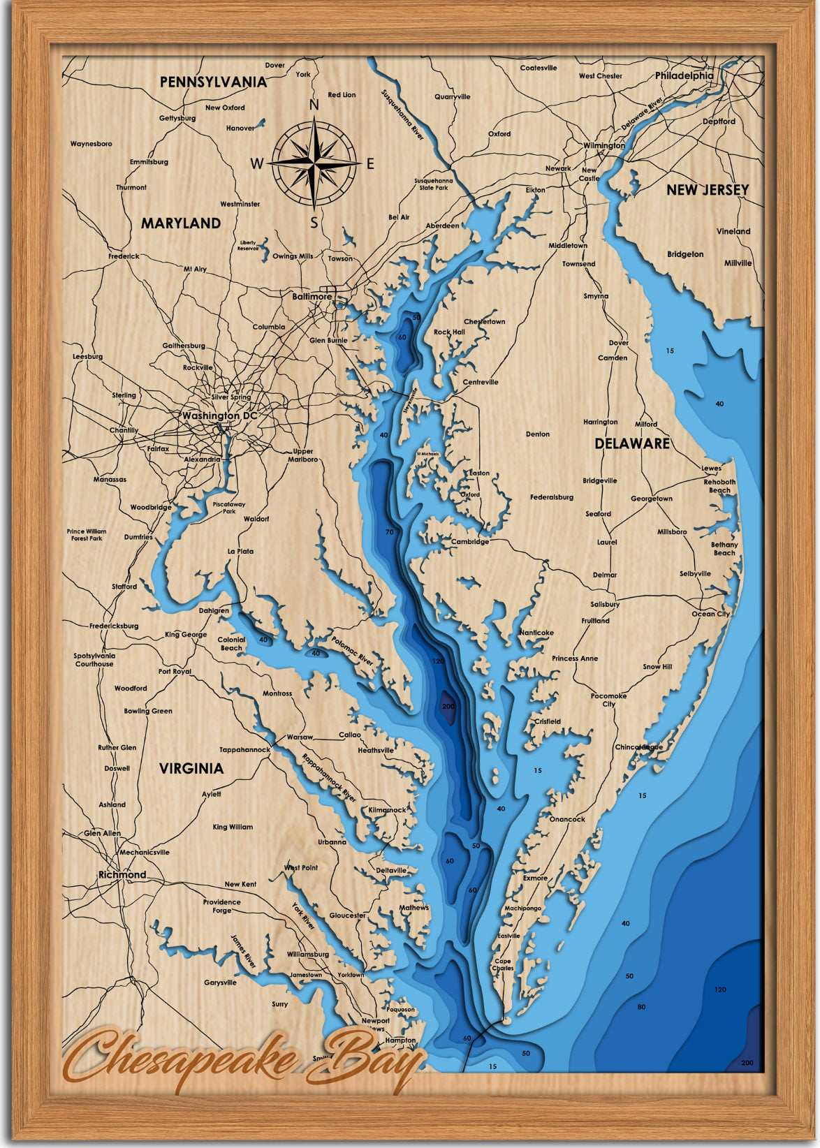 Chesapeake Bay 3D Framed Picture Map,  Wooden Engraved Map - Lolly and Pops Handcrafted Gifts and Decor
