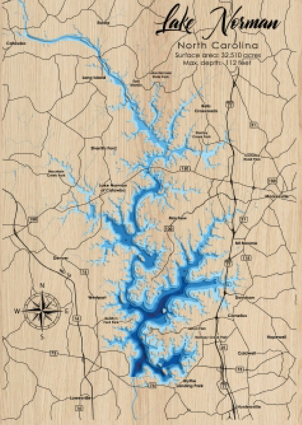 Lake Norman 3D Framed Picture Map,  Wooden Engraved Map, - Lolly and Pops Handcrafted Gifts and Decor