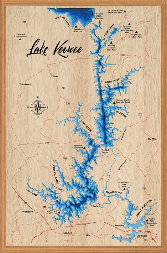 Lake Keowee 3D Framed Picture Map, Wooden Engraved Map - Lolly and Pops Handcrafted Gifts and Decor