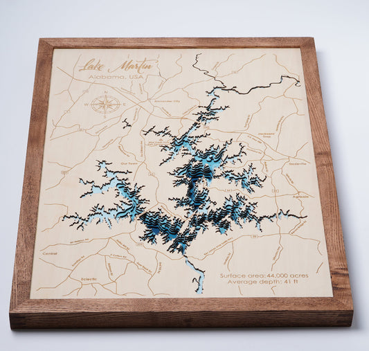Lake Martin 3D Framed Picture Map,  Wooden Engraved Map - Lolly and Pops Handcrafted Gifts and Decor
