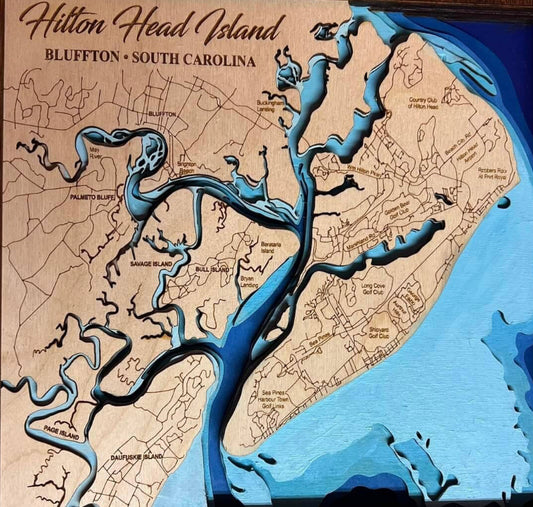 Hilton Head 3D Framed Picture Map,  Wooden Engraved Map, - Lolly and Pops Handcrafted Gifts and Decor
