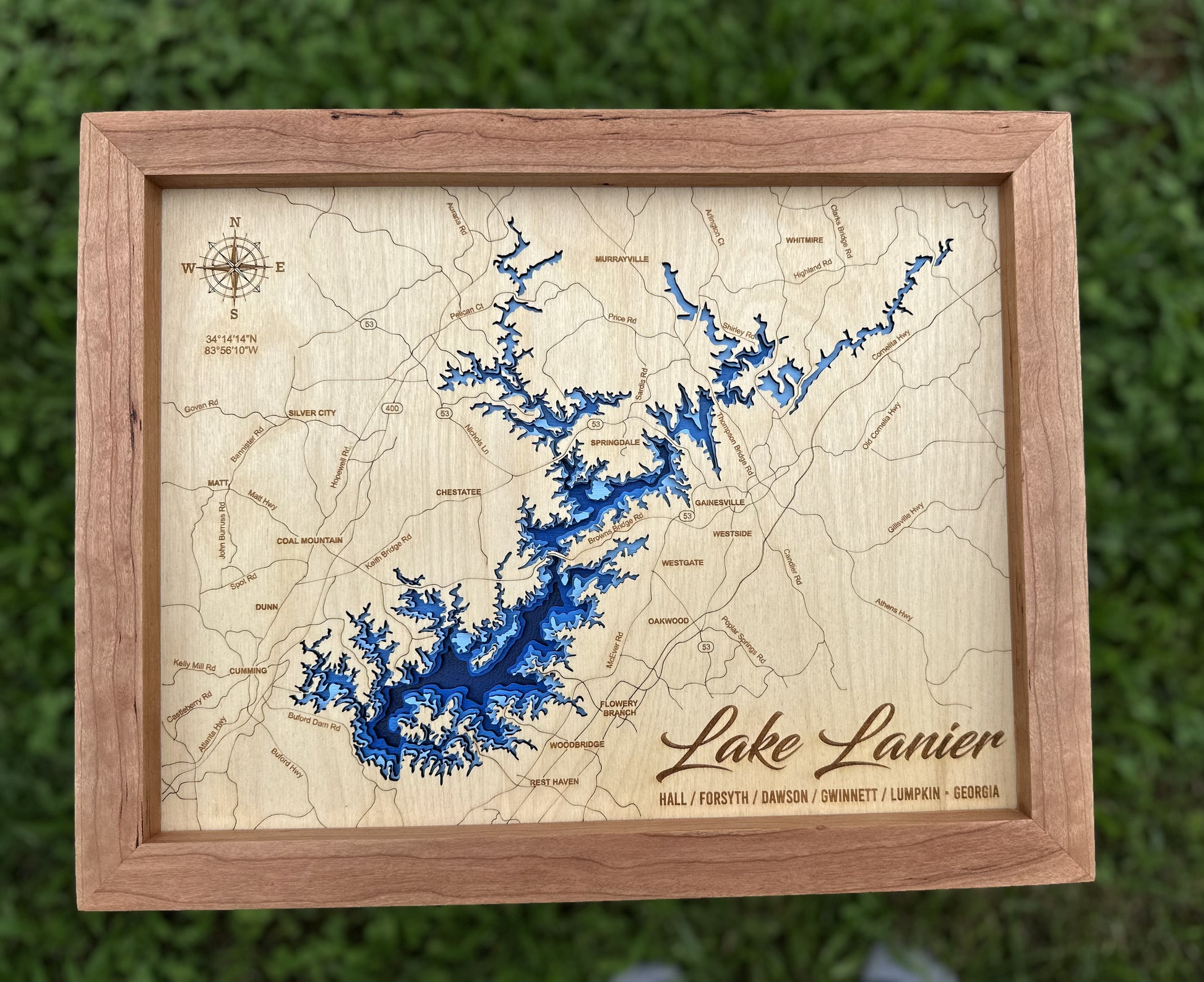 Lake Lanier 3D Framed Picture Map, Lake Sidney Lanier, Wooden Engraved Map, - Lolly and Pops Handcrafted Gifts and Decor