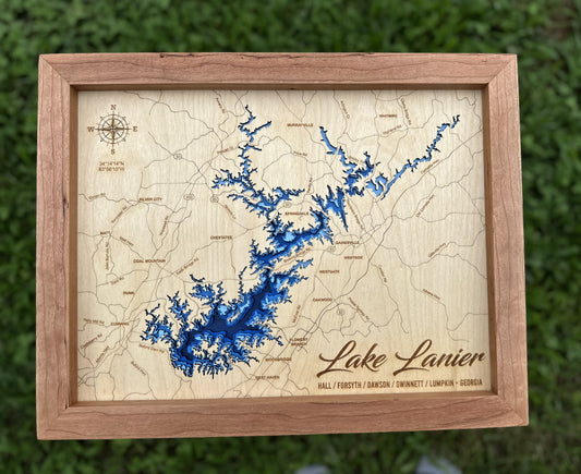 Lake Lanier 3D Framed Picture Map, Lake Sidney Lanier, Wooden Engraved Map, - Lolly and Pops Handcrafted Gifts and Decor