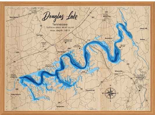Douglas Lake 3D Framed Picture Map,  Wooden Engraved Map, - Lolly and Pops Handcrafted Gifts and Decor