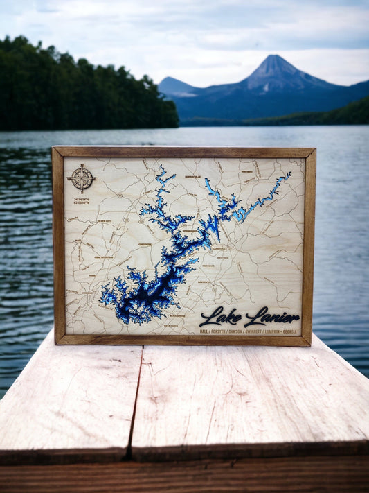 Lake Oconee 3D Framed Picture Map, Wooden Engraved Map - Lolly and Pops Handcrafted Gifts and Decor