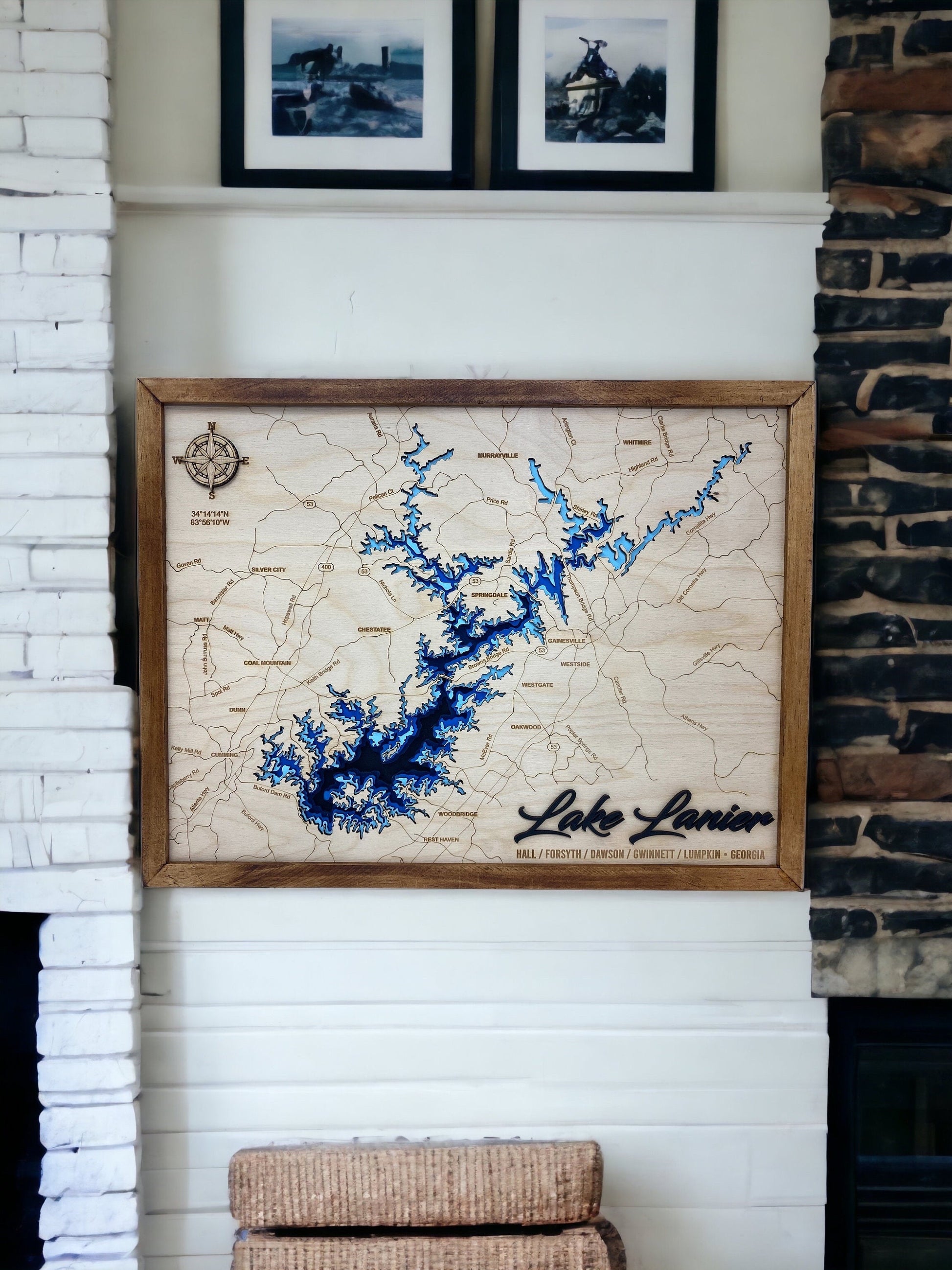 Lake Lanier 3D Framed Picture Map, Lake Sidney Lanier, Wooden Engraved Map, - Lolly and Pops Handcrafted Gifts and Decor