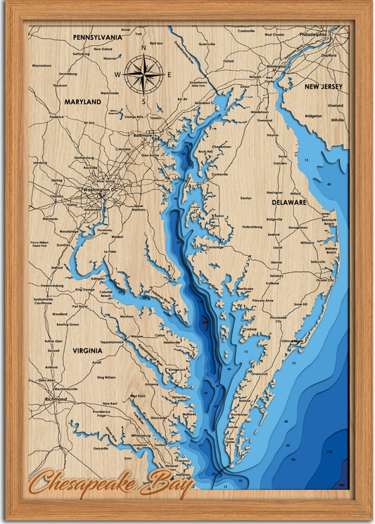 Chesapeake Bay 3D Framed Picture Map,  Wooden Engraved Map