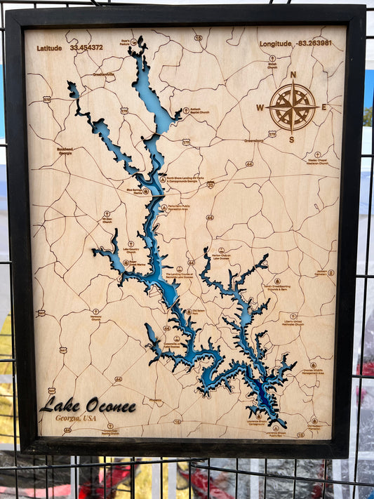 Lake Oconee 3D Framed Picture Map, Wooden Engraved Map