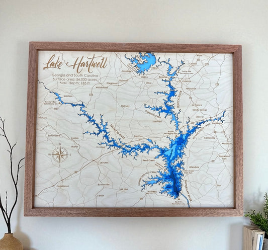 Lake Hartwell 3D Framed Picture Map,  Wooden Engraved Map,