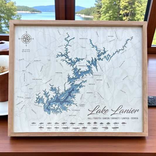 Custom Lake or Coastal 3D Framed Picture Map Wooden Engraved Map