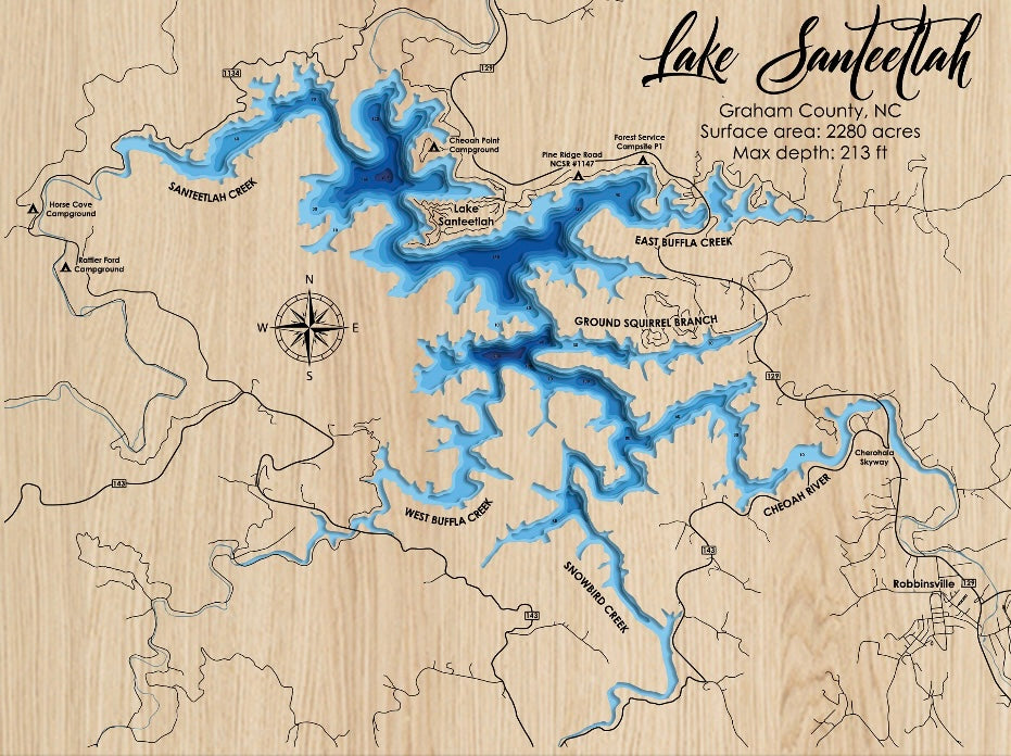 Lake Santeetlah 3D Framed Picture Map,  Wooden Engraved Map,