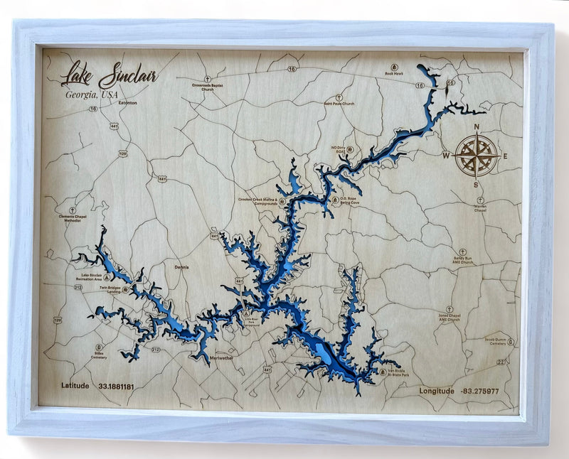 Lake Sinclair 3D Framed Picture Map,  Wooden Engraved Map, - Lolly and Pops Handcrafted Gifts and Decor