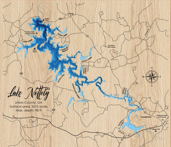 Lake Nottely 3D Framed Picture Map,  Wooden Engraved Map,