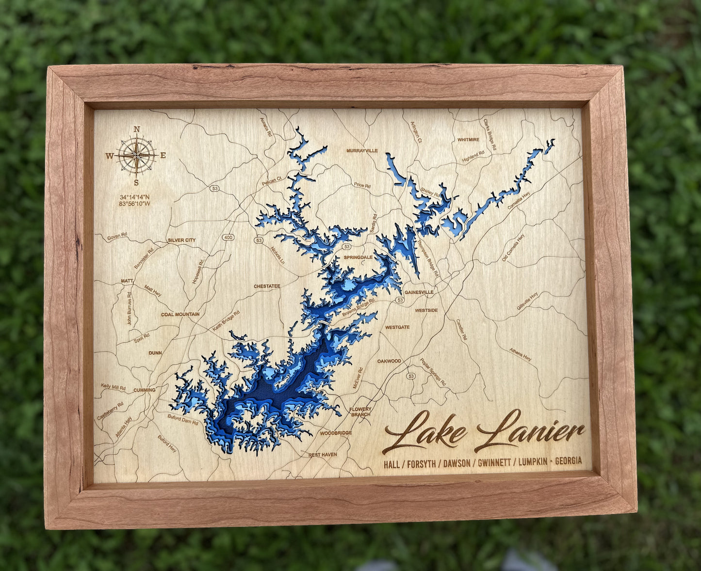 Lake Lanier 3D Framed Picture Map, Lake Sidney Lanier, Wooden Engraved Map,