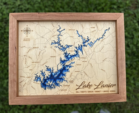 Lake Lanier 3D Framed Picture Map, Lake Sidney Lanier, Wooden Engraved Map,