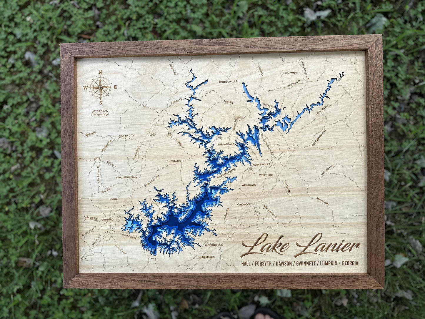 Lake Lanier 3D Framed Picture Map, Lake Sidney Lanier, Wooden Engraved Map,