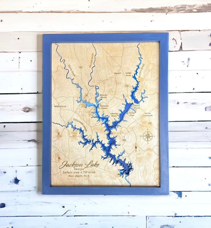 Jackson Lake 3D Framed Picture Map,  Wooden Engraved Map, - Lolly and Pops Handcrafted Gifts and Decor