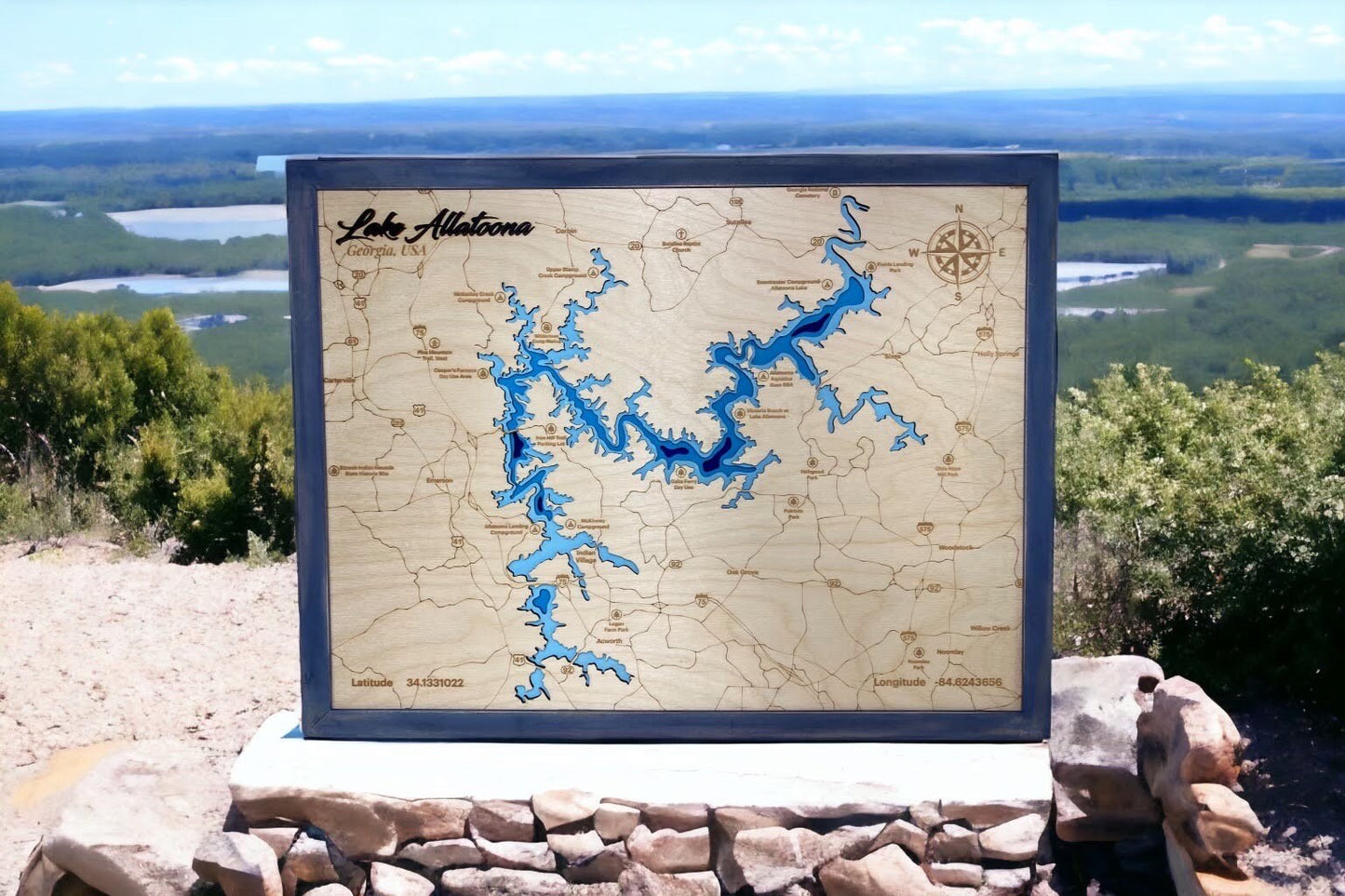 Lake Keowee 3D Framed Picture Map, Wooden Engraved Map