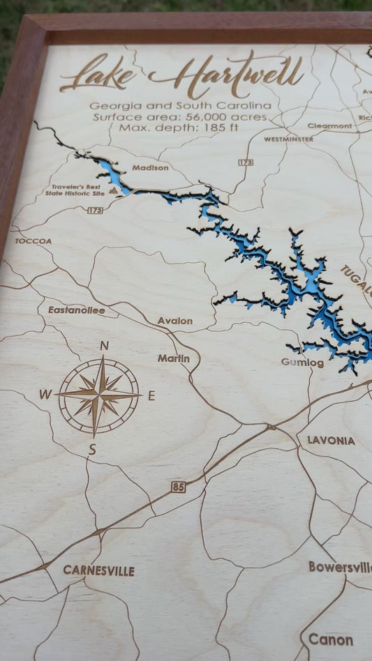 Lake Hartwell 3D Framed Picture Map,  Wooden Engraved Map,