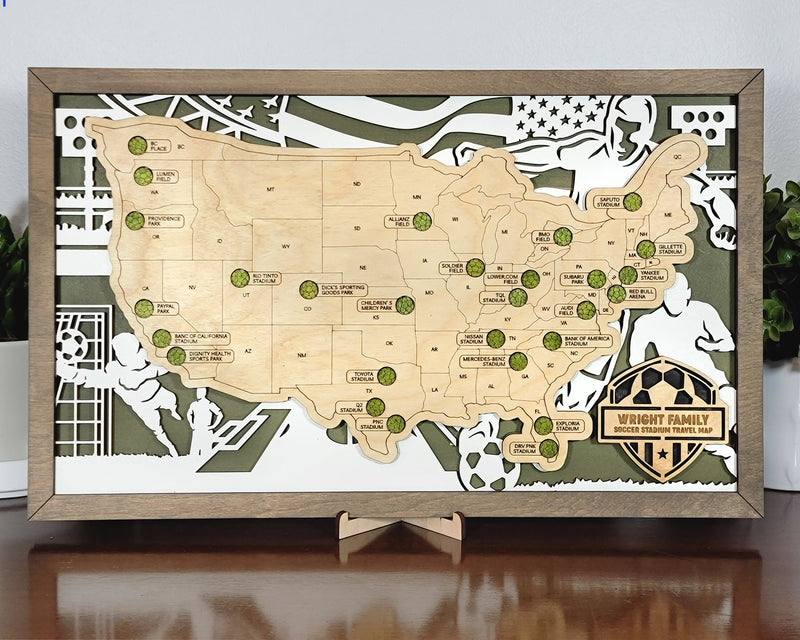 3D Soccer Stadium Map Family Memories Stadium Tracker Bucket list Custom Framed - Lolly and Pops Handcrafted Gifts and Decor